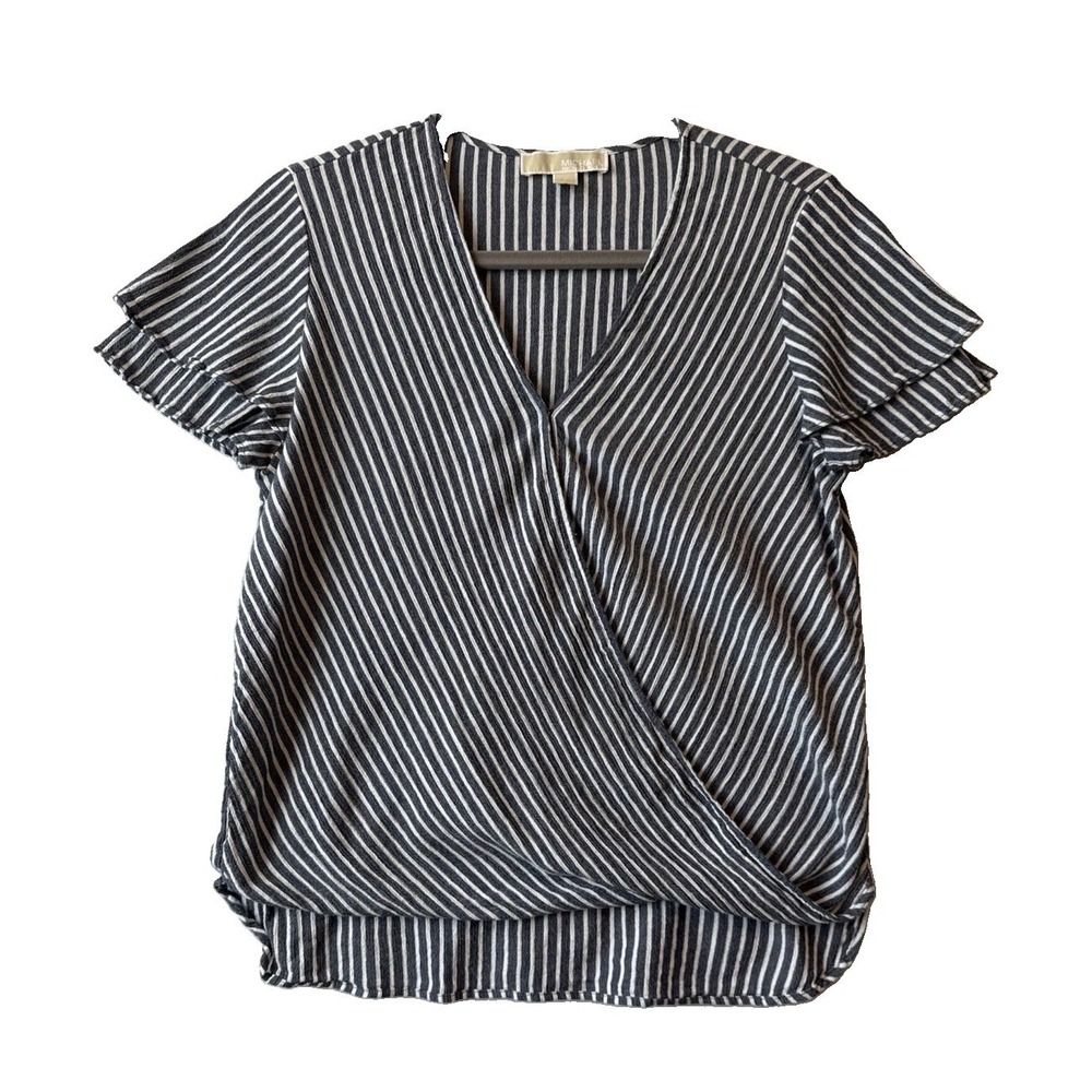 Michael Kors Blue White Striped Ruffle Flutter Sleeve Wrap Bubble Top S Nautical